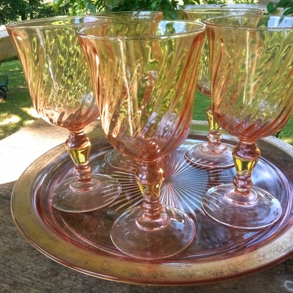Vintage Other - Cristal D'arques-Durand water goblet set of 6 in swirl optic rosaline pink